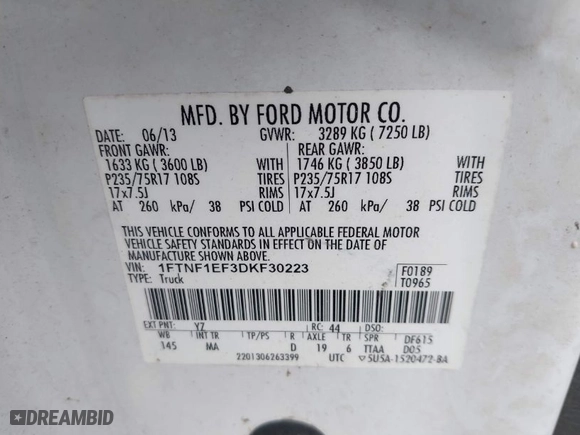 2013 Ford F-150 XL with VIN 1FTNF1EF3DKF30223, listed as a IAAI auction lot 41905682 with 167,119 mi miles. Bid and sale history available at carsss.com. Image 9.
