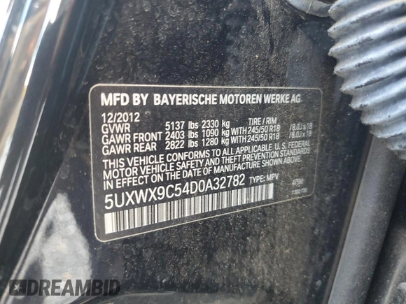 2013 BMW X3 xDrive28i with VIN 5UXWX9C54D0A32782, listed as a Copart auction lot 55634145 with 179,528 mi miles and Clean Title. Bid and sale history available at DreamBid. Image 12.