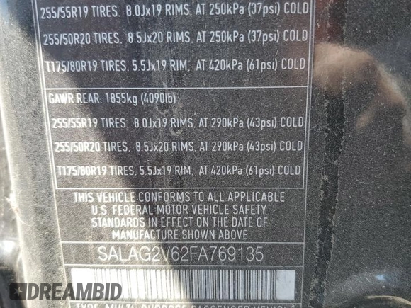 2015 Land Rover LR4 HSE with VIN SALAG2V62FA769135, listed as a Copart auction lot 59717385 with 73,679 mi miles and Salvage title. Bid and sale history available at DreamBid. Image 13.