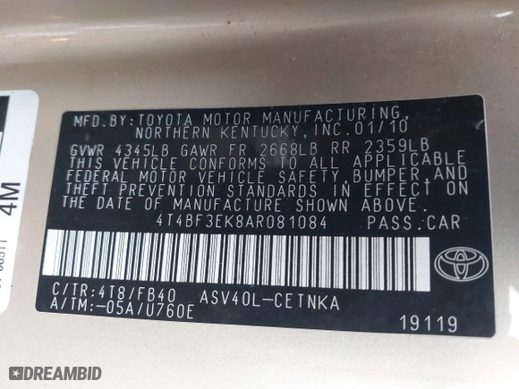 2010 Toyota Camry with VIN 4T4BF3EK8AR081084, listed as a IAAI auction lot 41565325 with 191,750 mi miles. Bid and sale history available at carsss.com. Image 9.