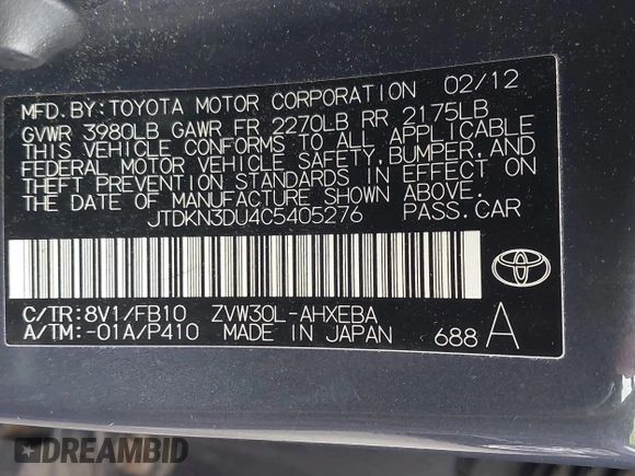 2012 Toyota Prius One z VIN JTDKN3DU4C5405276, wystawiony jako IAAI lot #42466994 z przebiegiem 248 061 mil mil oraz . Historia ofert i sprzedaży dostępna na DreamBid. Obrazek 9.