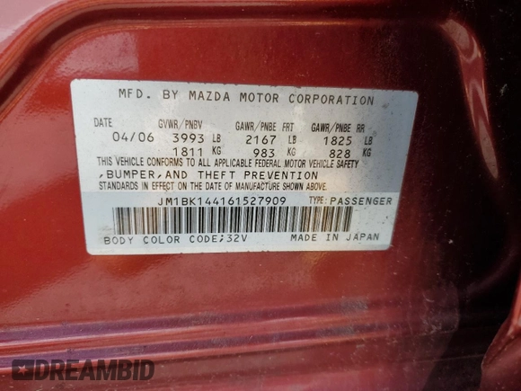 2006 Mazda 3 S Sport with VIN JM1BK144161527909, listed as a Copart auction lot 68006044 with 257,196 mi miles and Salvage Title. Bid and sale history available at DreamBid. Image 12.