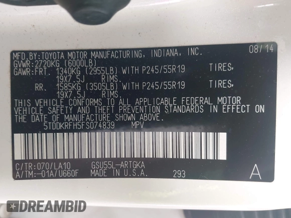 2015 Toyota Highlander Limited with VIN 5TDDKRFH5FS074839, listed as a IAAI auction lot 42280474 with 90,178 mi miles and . Bid and sale history available at DreamBid. Image 9.