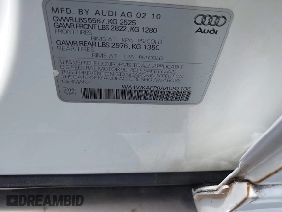 2010 Audi Q5 Prestige с VIN WA1WKAFP0AA082106, выставлен на аукционе IAAI как лот 42543669 с пробегом Не указан миль и . История ставок и продаж доступна на DreamBid. Изображение 9.
