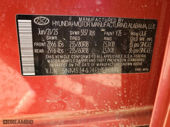 2023 Hyundai Santa Fe SEL with VIN 5NMS34AJ4PH596481, listed as a Copart auction lot 43312605 with 18,037 mi miles and Salvage Title. Bid and sale history available at carsss.com. Image 14.