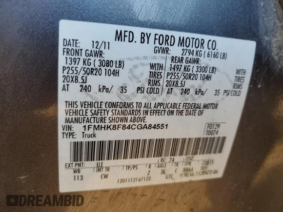 2012 Ford Explorer Limited with VIN 1FMHK8F84CGA84551, listed as a Copart auction lot 52345435 with 145,609 mi miles and Salvage Title. Bid and sale history available at DreamBid. Image 13.