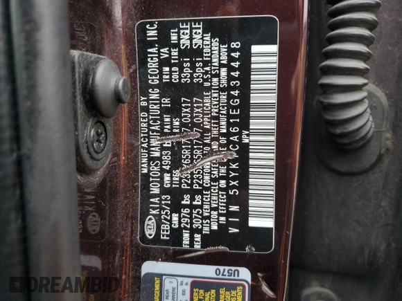 2014 Kia Sorento LX with VIN 5XYKTCA61EG434448, listed as a Copart auction lot 85389884 with 130,518 mi miles and Salvage Title. Bid and sale history available at carsss.com. Image 15.