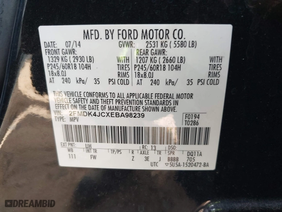 2014 Ford Edge SEL with VIN 2FMDK4JCXEBA98239, listed as a IAAI auction lot 41833992 with 112,480 mi miles. Bid and sale history available at carsss.com. Image 9.