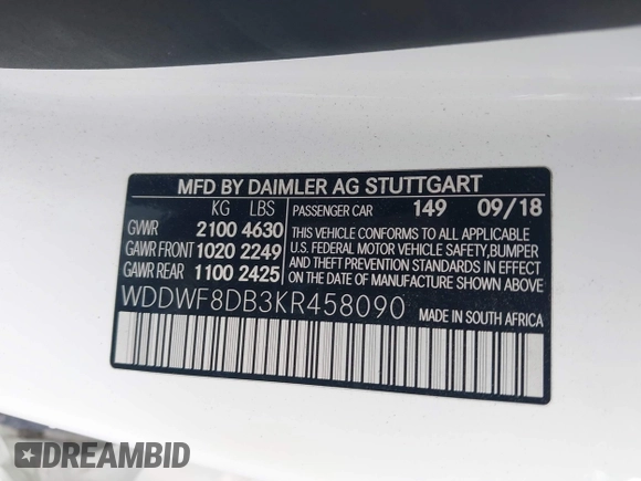 2019 Mercedes-Benz C 300 with VIN WDDWF8DB3KR458090, listed as a IAAI auction lot 42358177 with 33,201 mi miles and . Bid and sale history available at DreamBid. Image 9.