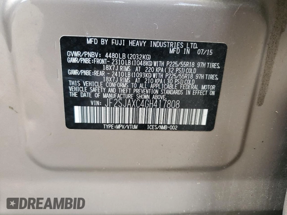2016 Subaru Forester Touring z VIN JF2SJAXC4GH417808, wystawiony jako Copart lot #51387705 z przebiegiem 142 315 mil mil oraz Szkoda całkowita • Salvage title. Historia ofert i sprzedaży dostępna na DreamBid. Obrazek 15.
