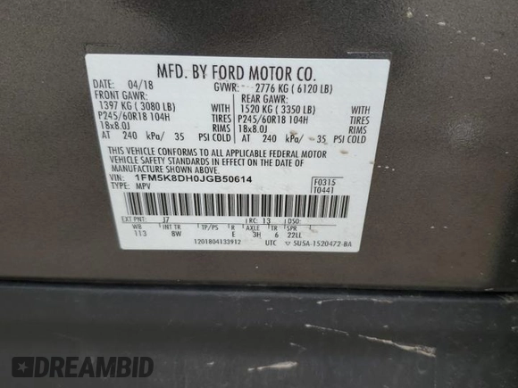 2018 Ford Explorer XLT with VIN 1FM5K8DH0JGB50614, listed as a Copart auction lot 58056835 with 106,595 mi miles and Salvage title. Bid and sale history available at DreamBid. Image 13.