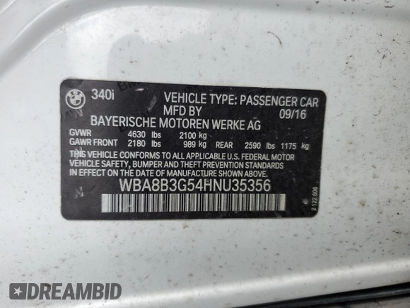 2017 BMW 3 Series 340i with VIN WBA8B3G54HNU35356, listed as a Copart auction lot 84647654 with Not Provided miles and Salvage Title. Bid and sale history available at carsss.com. Image 12.