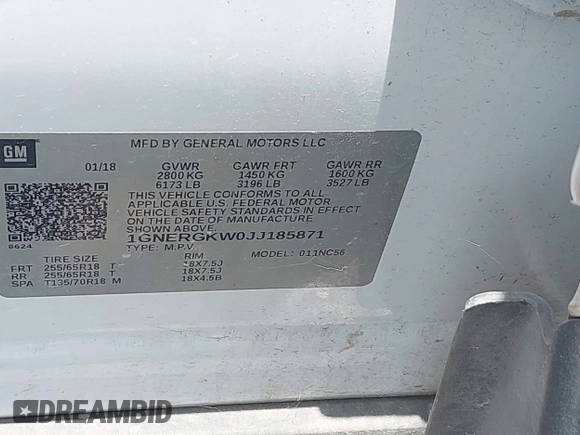 2018 Chevrolet Traverse LT Cloth with VIN 1GNERGKW0JJ185871, listed as a IAAI auction lot 42559907 with 110,722 mi miles and . Bid and sale history available at DreamBid. Image 9.