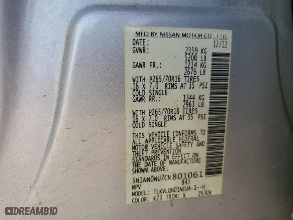 2012 Nissan Xterra X with VIN 5N1AN0NU7CN801061, listed as a Copart auction lot 84755984 with 210,104 mi miles and Salvage Title. Bid and sale history available at carsss.com. Image 16.