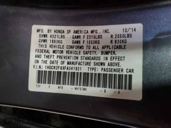 2015 Honda Accord EX-L with VIN 1HGCR2F8XFA041901, listed as a Copart auction lot 63760005 with 189,323 mi miles and Clean title. Bid and sale history available at DreamBid. Image 12.