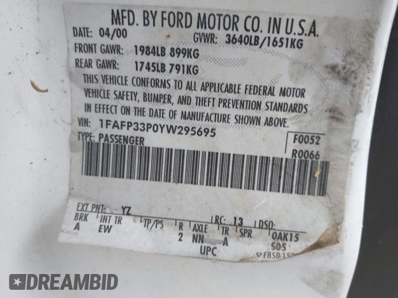 2000 Ford Focus LX с VIN 1FAFP33P0YW295695, выставлен на аукционе IAAI как лот 42467784 с пробегом 159 822 миль миль и . История ставок и продаж доступна на DreamBid. Изображение 9.
