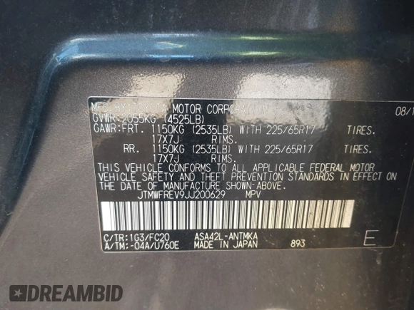 2018 Toyota RAV4 XLE with VIN JTMWFREV9JJ200629, listed as a IAAI auction lot 41821491 with 184,706 mi miles. Bid and sale history available at carsss.com. Image 9.
