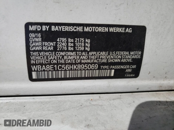 2017 BMW 3 Series 330e iPerformance with VIN WBA8E1C56HK895069, listed as a Copart auction lot 43558965 with 45,042 mi miles and Salvage Title. Bid and sale history available at carsss.com. Image 12.