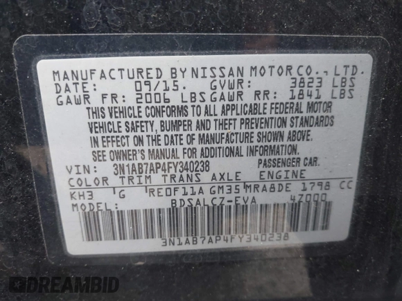 2015 Nissan Sentra SR with VIN 3N1AB7AP4FY340238, listed as a IAAI auction lot 41928077 with 155,591 mi miles and . Bid and sale history available at DreamBid. Image 9.