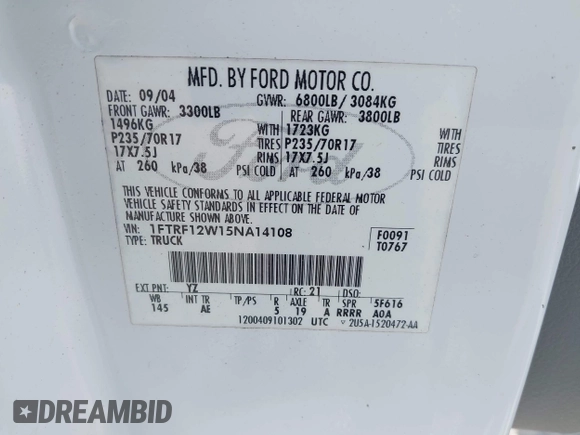 2005 Ford F-150 XL с VIN 1FTRF12W15NA14108, выставлен на аукционе IAAI как лот 42853905 с пробегом 142 717 миль миль и . История ставок и продаж доступна на DreamBid. Изображение 9.