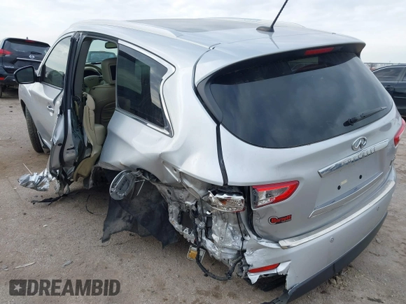 2013 Infiniti JX35 with VIN 5N1AL0MM8DC352896, listed as a IAAI auction lot 41561639 with 158,533 mi miles and . Bid and sale history available at DreamBid. Image 3.