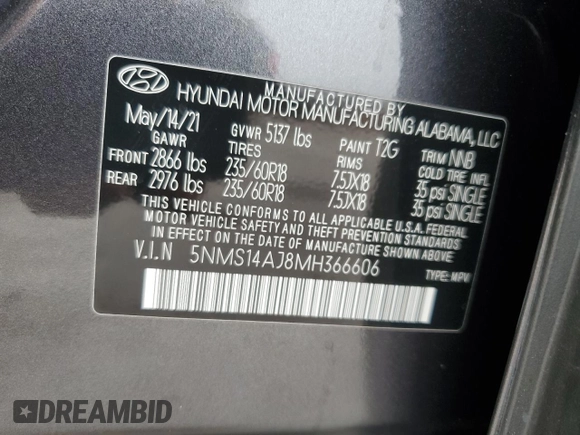 2021 Hyundai Santa Fe SE with VIN 5NMS14AJ8MH366606, listed as a Copart auction lot 43437755 with 53,109 mi miles and Salvage Title. Bid and sale history available at carsss.com. Image 16.