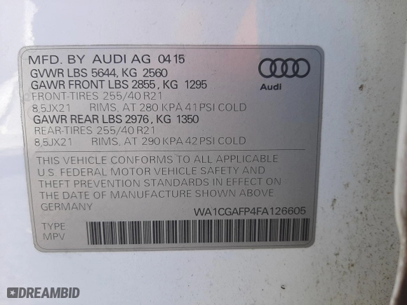 2015 Audi SQ5 Premium Plus with VIN WA1CGAFP4FA126605, listed as a Copart auction lot 71654562 with 74,819 mi miles. Bid and sale history available at carsss.com. Image 12.