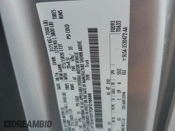 2016 Ford F-150 XLT with VIN 1FTEW1EF7GFD16686, listed as a Copart auction lot 56043975 with 105,709 mi miles and Salvage title. Bid and sale history available at DreamBid. Image 13.