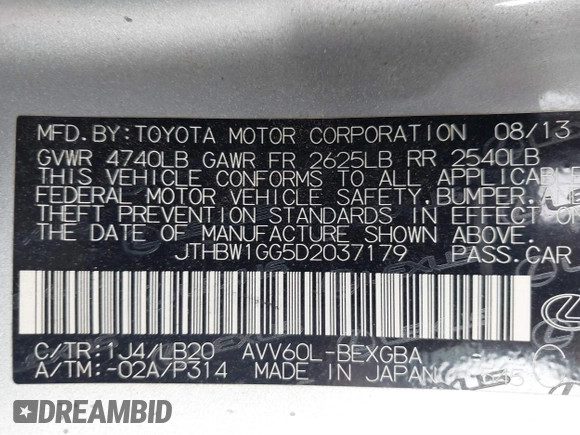 2013 Lexus ES 300h Hybrid with VIN JTHBW1GG5D2037179, listed as a IAAI auction lot 41775233 with 136,274 mi miles. Bid and sale history available at carsss.com. Image 9.