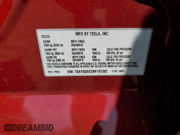 2024 Tesla Model Y Long Range с VIN 7SAYGDEE2RF197362, выставлен на аукционе Copart как лот 55239325 с пробегом 10 943 миль миль и Списание • Salvage title. История ставок и продаж доступна на DreamBid. Изображение 13.