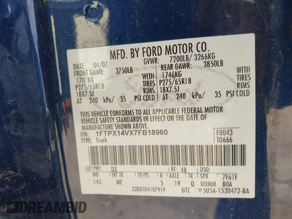 2007 Ford F-150 XLT with VIN 1FTPX14VX7FB18960, listed as a IAAI auction lot 41883749 with 173,716 mi miles. Bid and sale history available at carsss.com. Image 9.