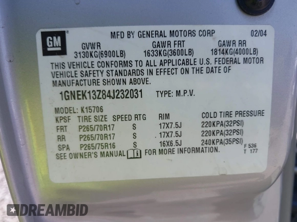2004 Chevrolet Tahoe LS with VIN 1GNEK13Z84J232031, listed as a IAAI auction lot 42073698 with 193,889 mi miles. Bid and sale history available at carsss.com. Image 9.