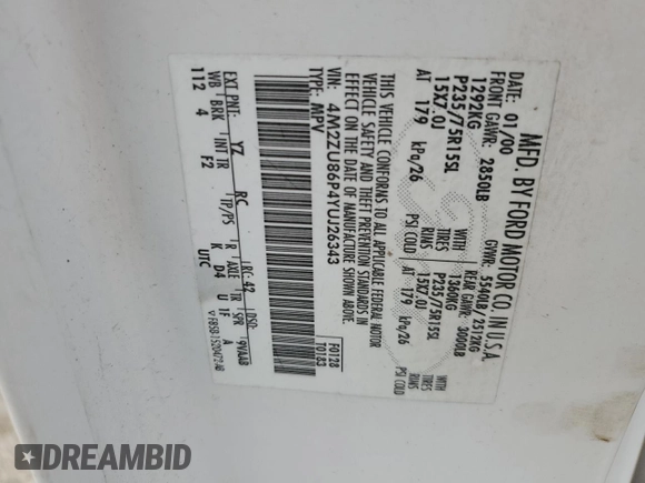 2000 Mercury Mountaineer with VIN 4M2ZU86P4YUJ26343, listed as a Copart auction lot 86396084 with 187,140 mi miles and Salvage title. Bid and sale history available at DreamBid. Image 13.