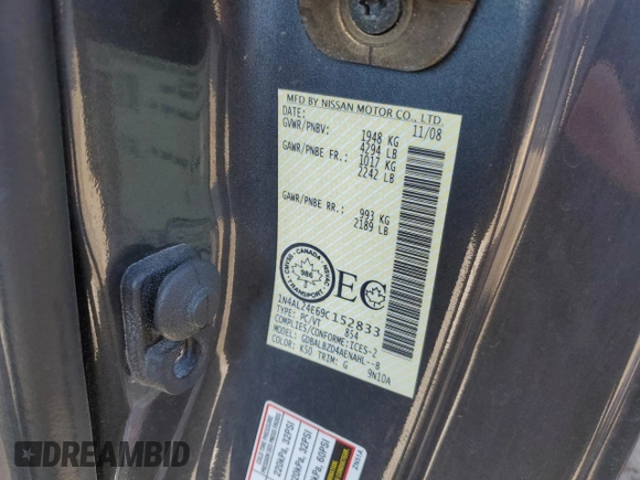 2009 Nissan Altima S z VIN 1N4AL24E69C152833, wystawiony jako Copart lot #50512085 z przebiegiem Nie podano mil oraz Szkoda całkowita • Salvage title. Historia ofert i sprzedaży dostępna na DreamBid. Obrazek 13.