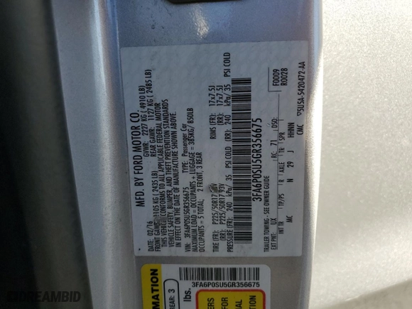2016 Ford Fusion Energi Titanium with VIN 3FA6P0SU5GR356675, listed as a Copart auction lot 50097305 with 117,020 mi miles and Salvage Title. Bid and sale history available at carsss.com. Image 13.