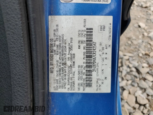 2012 Ford Fusion SE with VIN 3FAHP0HA7CR242547, listed as a Copart auction lot 60599355 with 190,209 mi miles and Salvage title. Bid and sale history available at DreamBid. Image 12.