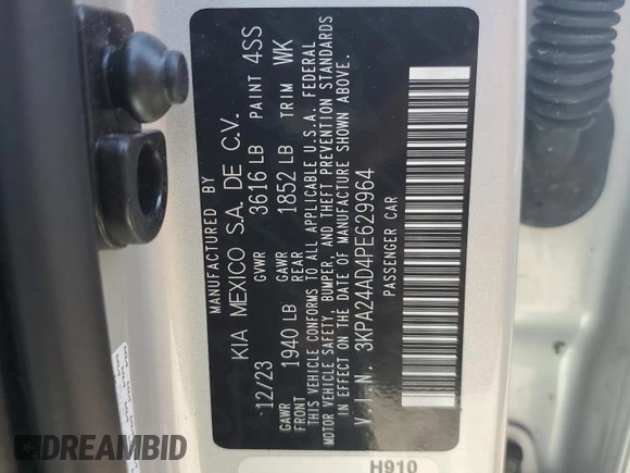 2023 Kia Rio S with VIN 3KPA24AD4PE629964, listed as a Copart auction lot 73719324 with 5,506 mi miles and Non Repairable. Bid and sale history available at DreamBid. Image 13.