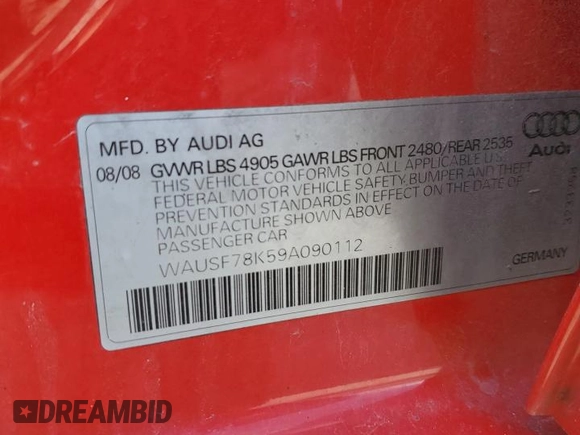 2009 Audi A4 2.0T Prem Plus with VIN WAUSF78K59A090112, listed as a Copart auction lot 50699195 with 0 mi miles and Clean Title. Bid and sale history available at carsss.com. Image 13.