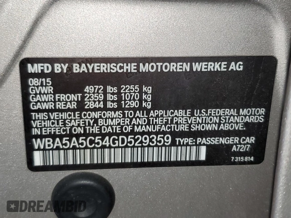 2016 BMW 5 Series 528i with VIN WBA5A5C54GD529359, listed as a Copart auction lot 61907235 with 111,621 mi miles and Salvage title. Bid and sale history available at DreamBid. Image 12.