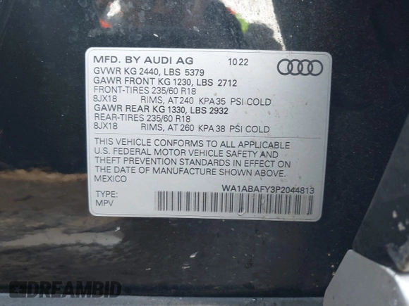 2023 Audi Q5 Premium with VIN WA1ABAFY3P2044813, listed as a IAAI auction lot 41651809 with 19,001 mi miles and . Bid and sale history available at DreamBid. Image 9.