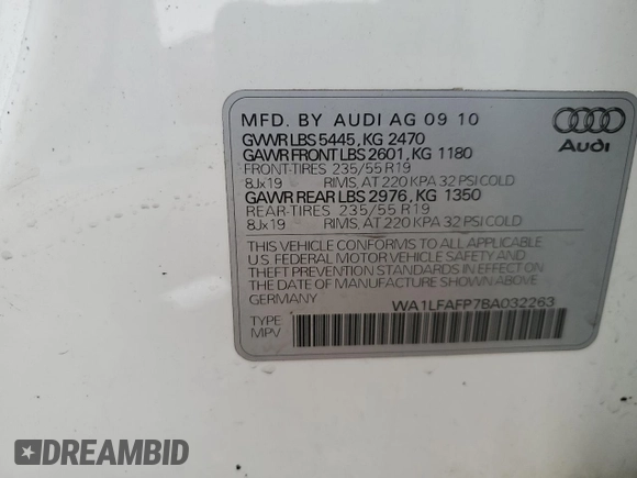 2011 Audi Q5 Premium Plus with VIN WA1LFAFP7BA032263, listed as a Copart auction lot 58926275 with Not provided miles and Salvage title. Bid and sale history available at DreamBid. Image 12.