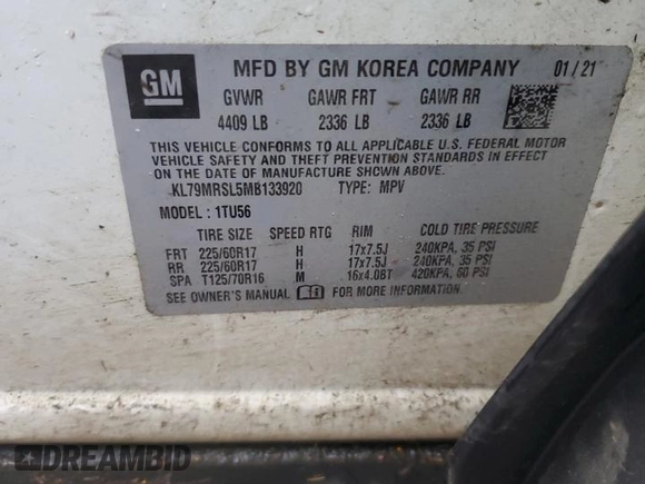 2021 Chevrolet TrailBlazer LT with VIN KL79MRSL5MB133920, listed as a Copart auction lot 45264704 with 52,720 mi miles and . Bid and sale history available at DreamBid. Image 15.