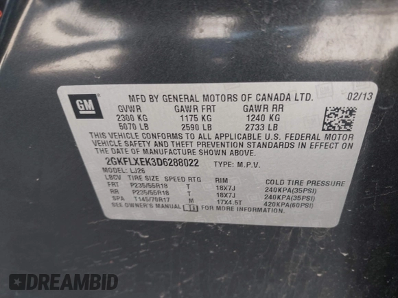 2013 GMC Terrain SLT with VIN 2GKFLXEK3D6288022, listed as a IAAI auction lot 42049710 with 99,439 mi miles and . Bid and sale history available at DreamBid. Image 9.