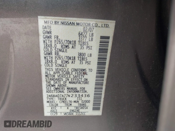 2007 Nissan Titan SE with VIN 1N6BA07A77N233436, listed as a IAAI auction lot 42562943 with 252,076 mi miles and . Bid and sale history available at DreamBid. Image 9.