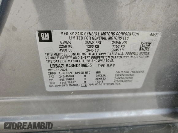 2022 Buick Envision Preferred with VIN LRBAZLR43ND109035, listed as a Copart auction lot 49544275 with 26,717 mi miles and Salvage Title. Bid and sale history available at carsss.com. Image 13.