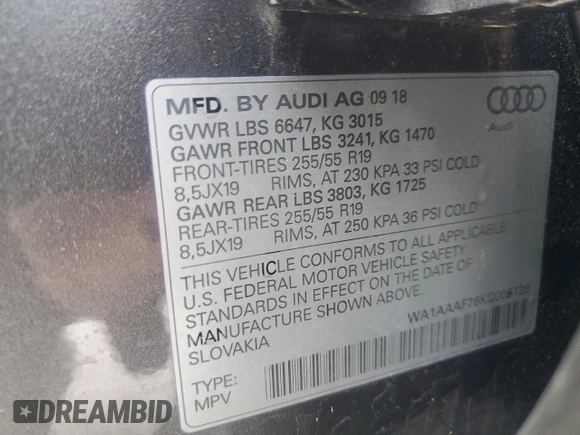 2019 Audi Q7 Premium with VIN WA1AAAF76KD009139, listed as a Copart auction lot 58584985 with 61,867 mi miles and Salvage title. Bid and sale history available at DreamBid. Image 13.