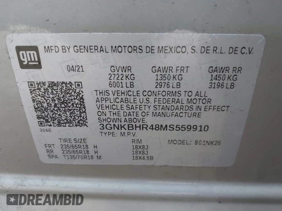 2021 Chevrolet Blazer LT with VIN 3GNKBHR48MS559910, listed as a IAAI auction lot 42024637 with 19,449 mi miles and . Bid and sale history available at DreamBid. Image 9.