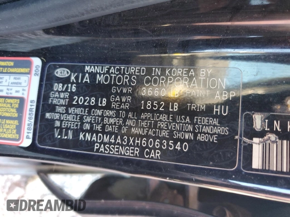 2017 Kia Rio LX with VIN KNADM4A3XH6063540, listed as a Copart auction lot 75802384 with 123,193 mi miles and Salvage Title. Bid and sale history available at carsss.com. Image 12.