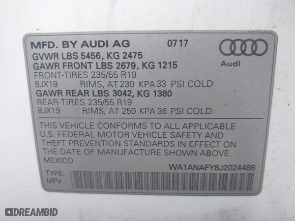 2018 Audi Q5 Premium with VIN WA1ANAFY8J2024488, listed as a IAAI auction lot 41966257 with 110,349 mi miles. Bid and sale history available at carsss.com. Image 9.
