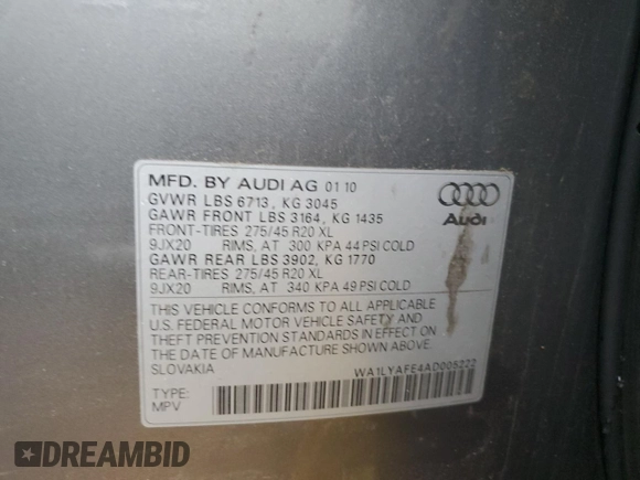 2010 Audi Q7 3.6L Premium Plus with VIN WA1LYAFE4AD005222, listed as a Copart auction lot 43985135 with 183,450 mi miles and Clean Title. Bid and sale history available at carsss.com. Image 12.